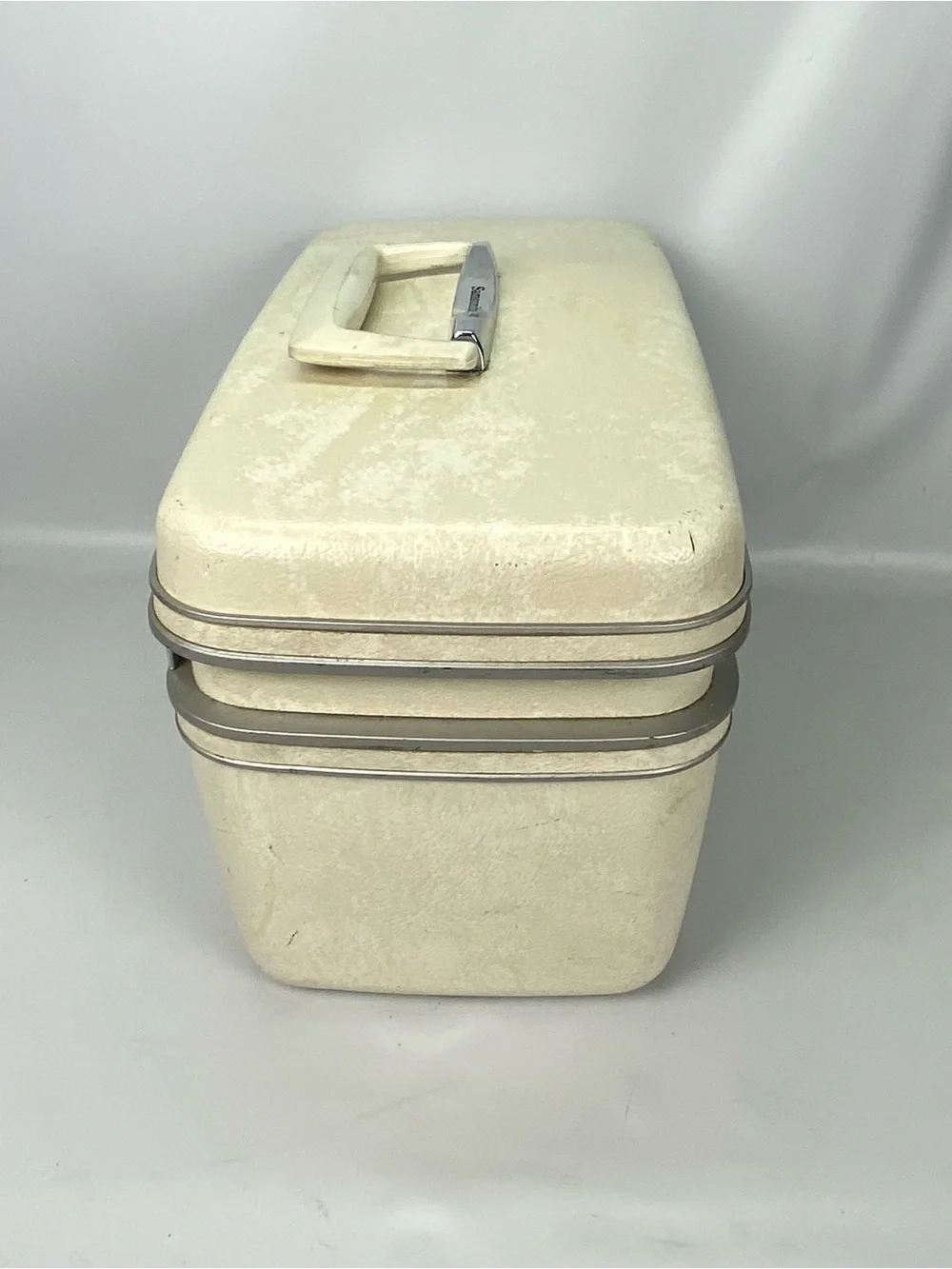Vintage Samsonite Silhouette White Train Case Makeup Luggage Tray & Mirror